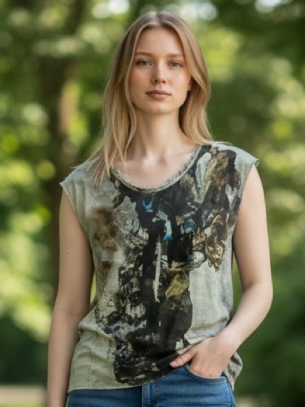 Helmut Lang Green Abstract Print Sleeveless Top - 100% silk